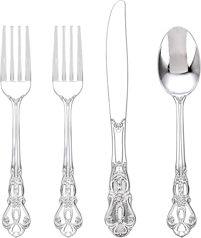 40PSC Silver Plastic Cutlery - Vintage Silver Disposable Silverware - Heavyweight Plastic Utensils with 20 Forks, 10Knives, 10 Spoons For Catering, Parties, Dinners and Weddings