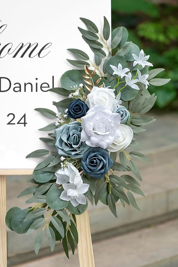 Dusty Blue Flower for Wedding Welcome Signs Decorations, Artificial Wedding Arch Flowers for Wedding Ceremony (Set of 2)