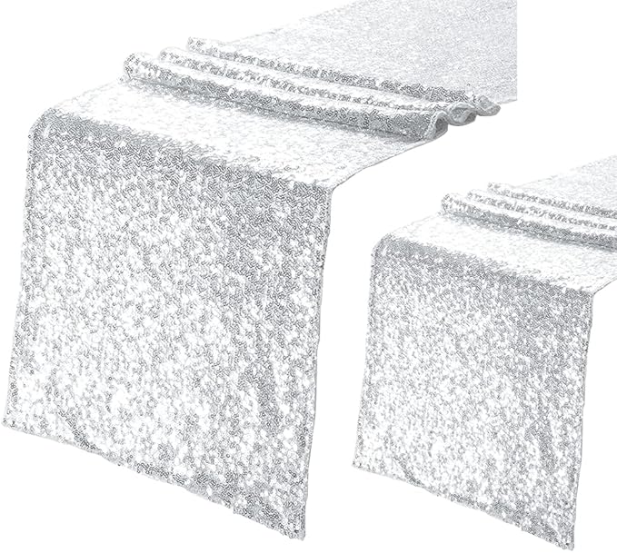 Eternal Beauty Silver Table Runner, 2PCS-12X72 Sequin Table Runner Decorations for Birthday Parties, Banquets, Graduations,Christmas