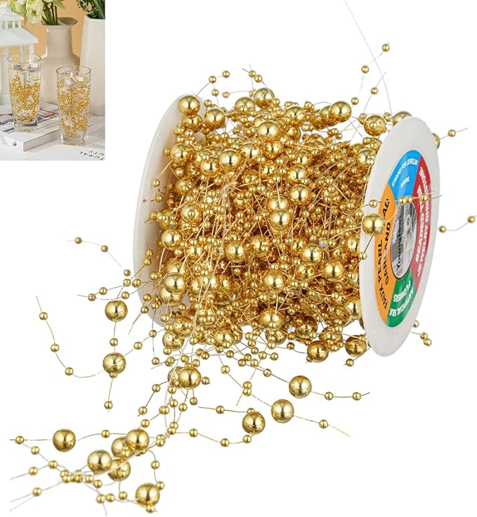 13Feet Pearl String Spool Roll for Floating Candles Faux Pearls Strands Garland for Vase Filler Wedding Centerpiece Christmas Table Decor (Gold)