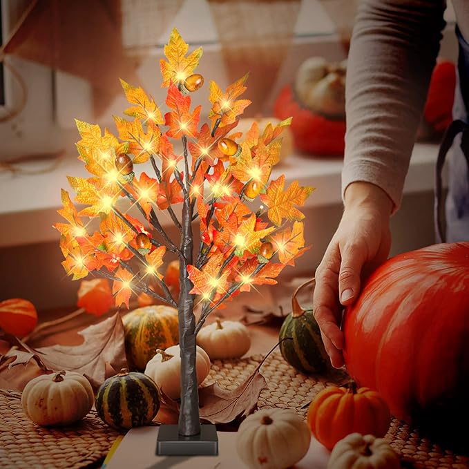 24 Inch Lighted Maple Tree with 36 Lights, 6 Acorn, Timer Battery Operated Tabletop Artificial Fall Tree for Thanksgiving Harvest Home Decor, Fall Table Centerpiece Decorations