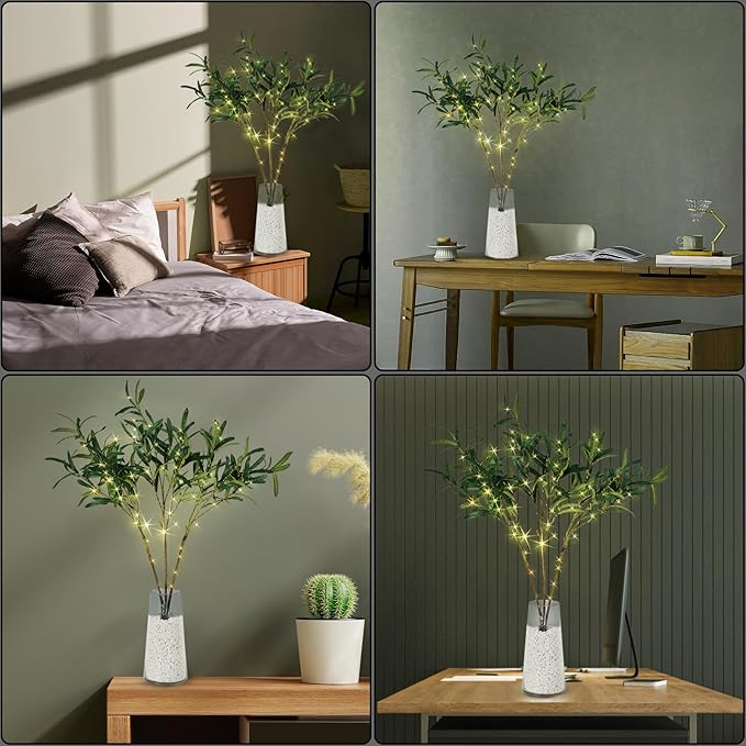 Bexdir Lighted Olive Branches with Timer, Lighted Branches 33IN 99 LED, Artificial Light, Olive Night Light, Artificial Plant for Home Spring Christmas Party Wedding Decor-Battery Operated