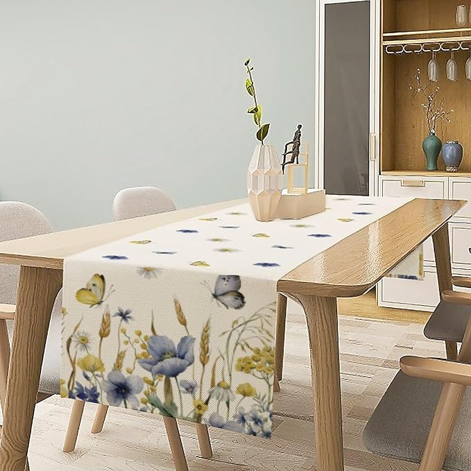 Floral Table Runner, Spring Watercolor Flower Plants Nature Butterfly Table Runner for Kitchen Dinner Living Room Home Party, 13x70 Inch