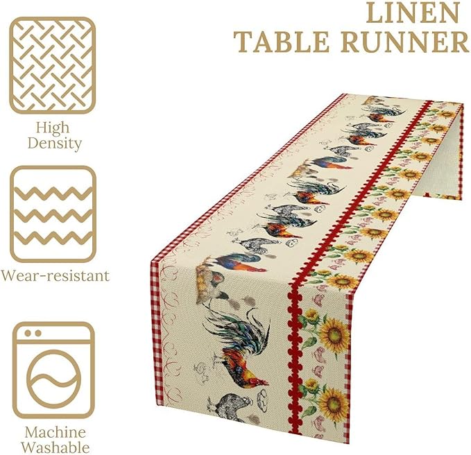 Rustic Rooster Table Runner,Vintage Country Farm Sunflower Chicken Red Plaid Print Tablecloth Burlap for Hotel Indoors Outdoor Dining Room Kitchen Home Decor,W13X L36 in