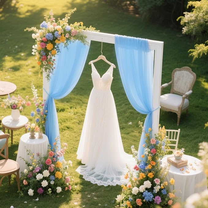 VOK Blue Wedding Arch Draping Fabric Chiffon Fabric, 29in x 18Ft Sheer Chiffon Outdoor Curtain for Wedding Ceremony Birthday Party Decoration (Blue,1 Panel)