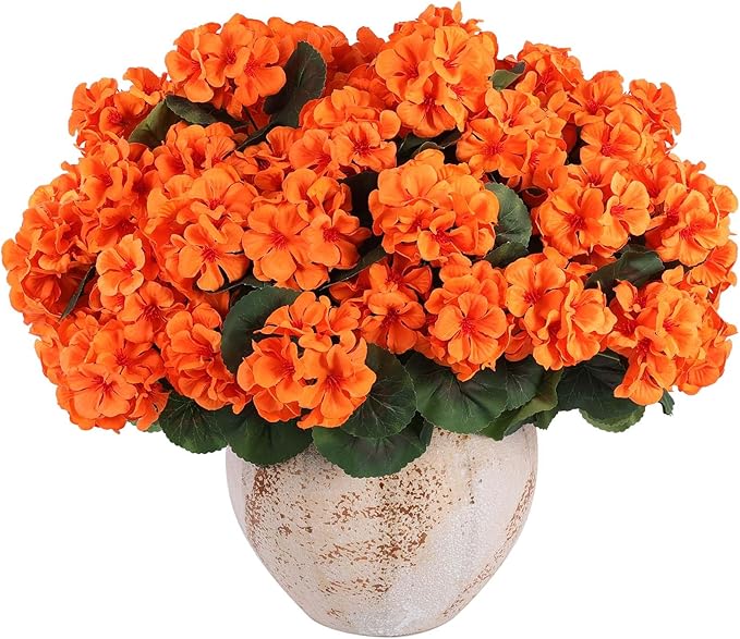 Hananona 6 Pcs Artificial Geranium Flowers for Outdoors Geranium Silk Orange Flower Outdoor UV Resistant Patio Plants Faux Autumn Flowers for Fall Home Kitchen Table Centerpieces (6, Orange)