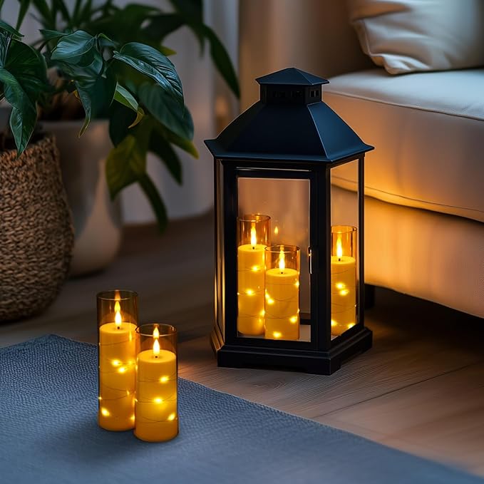 Homemory Flameless Candles with Embedded Star String Fairy Lights, Battery Operated Candles with Remote Control and Timer, Flickering LED Candle for Fall Pumpkin Decorations, Amber Gold, Set of 9