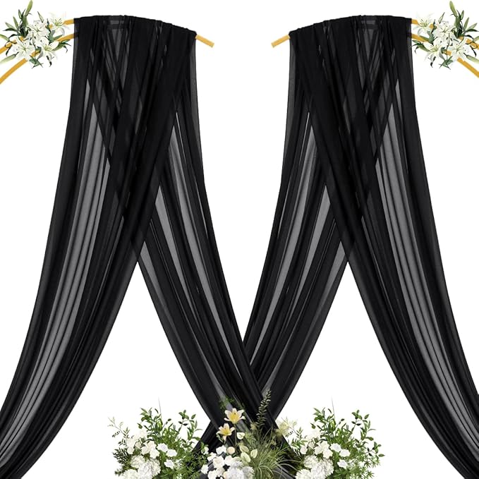 MLMC Black Wedding Arch Draping Fabric 1 Panel 29" x 20 FT Extra Long Gauze Drapes Sheer Backdrop Curtains 6.6 Yards Outdoor Drapery Panels for Wedding Ceremony Party Ceiling Decoration