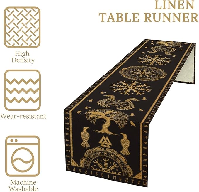 Viking Tree of Life Abstract Table Runner for Living Room Home Party Coffee Dining Party Wedding Golden Black Celtic Style Geometric Dragon Boat Rudder Ancient Script Table Runner 13x36 Inch