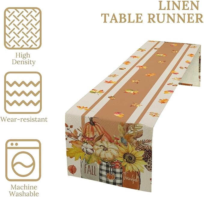 Autumn Table Runner,Thanksgiving Fall Pumpkin Leaves Floral Table Cloth for Kitchen Dining Table Decoration Home Party Decor 13x60 Inch