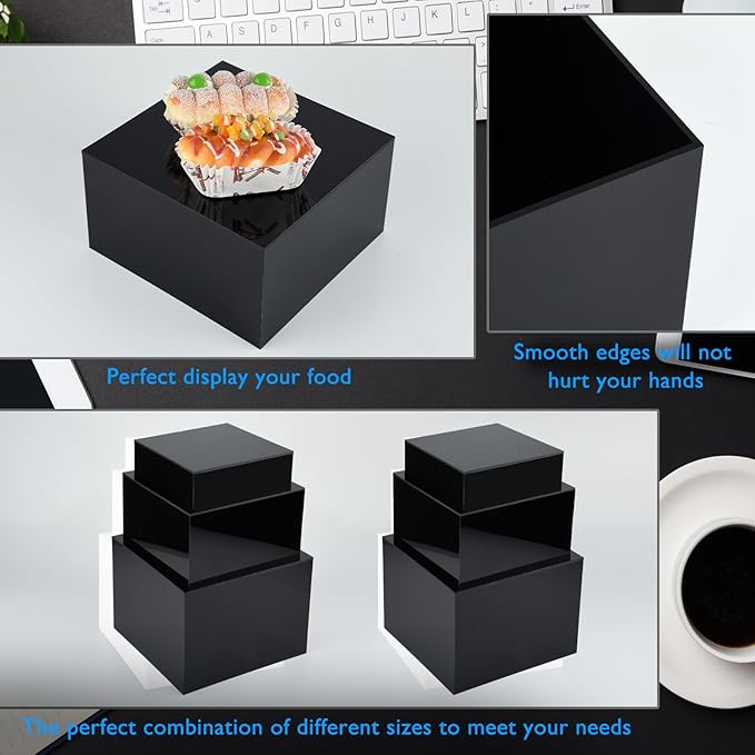 3Pcs Black Buffet Risers Acrylic Boxes Display Food Risers for Buffet Table Platter Parties Weddings Catering Dessert Collectibles Figures Show ( 6''x7''x8'')