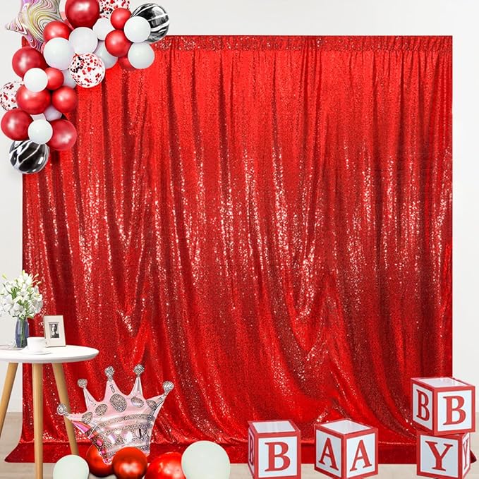 SquarePie Sequin Backdrop Curtain Not See Through Thick Glitter Background for Party 6FT x 6FT Red