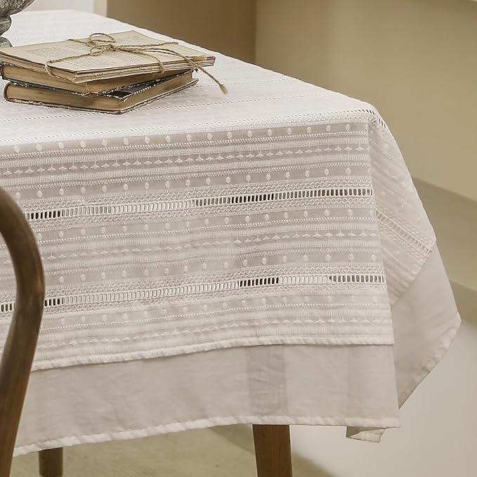 patdrea Designer Vintage Cotton White Lace Tablecloth for Rectangle Tables,French Country Cottage Embroidered Table Cloth Art Decor for Kitchen Wedding Patries Banquet Christmas,59"*83"
