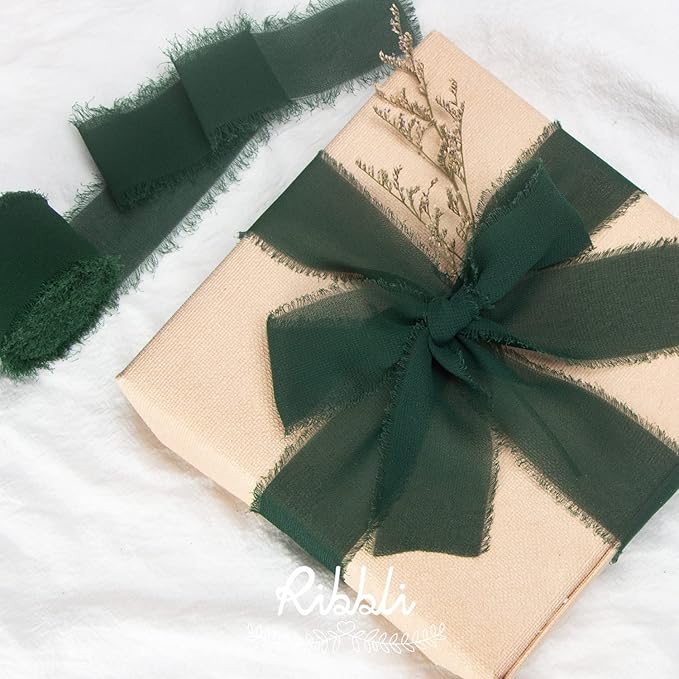 Ribbli Green Chiffon Ribbon1.5 inch x 30 Yard Handmade Silk Ribbon for Wrapping,Ivory Sage Forest Green Fringe Chiffon Ribbon for Wedding Invitations, Bridal Bouquets, Flower Arrangement Decoration