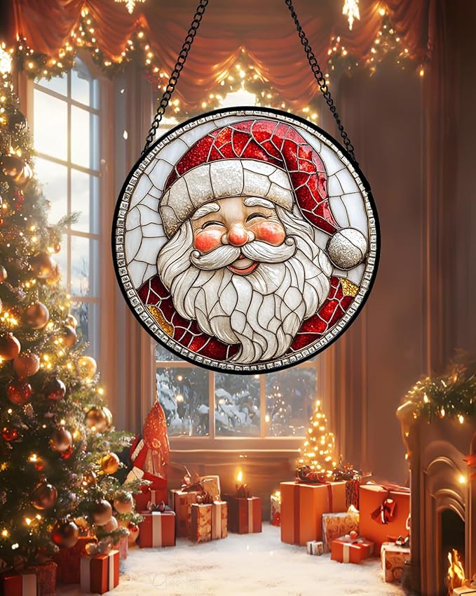 Stained Glass Window Hanging - Red White Santa Claus Suncatcher for Doors Home Christmas Decoration Winter Sun Catcher Thanksgiving New Year Birthday Gifts for Women Men Mom Nana Girl 7.8 in