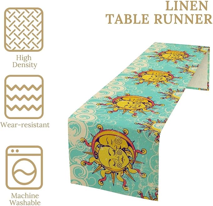 Retro Sun Moon Table Runner, Phase of The Moon Vintage Cloud Table Runner for Kitchen Dinner Living Room Table Runner Yellow Floral, 13x108 Inch Yellow Blue