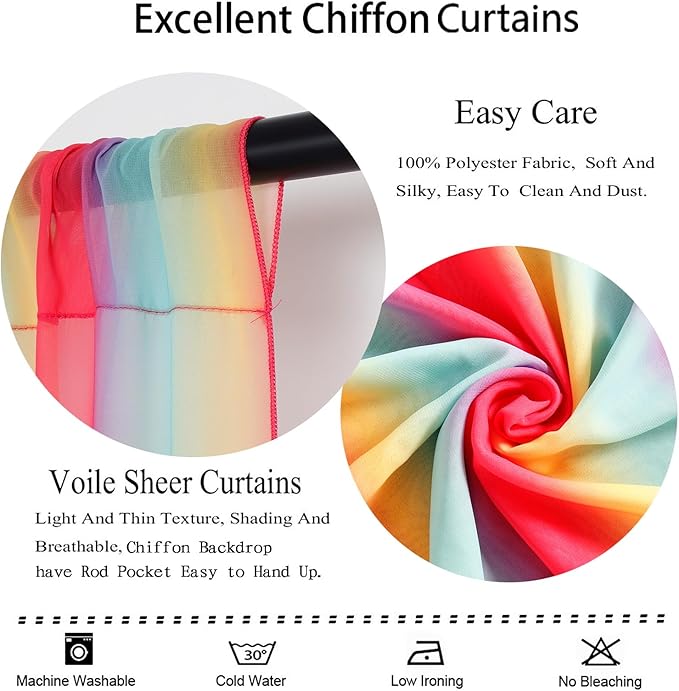 DUOBAO Rainbow Chiffon Wedding Arch Decor - Lightweight Sheer Fabric Archway for Ceremonies, Photo Backdrops, Parties (108" Tall x 29" Wide, 2 Panels)