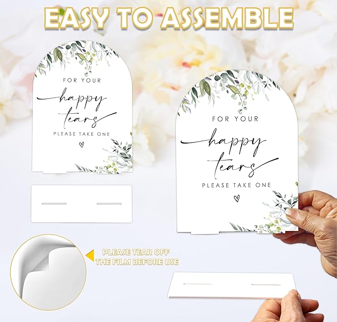 Greenery Happy Tears Tissue Sign, 6 x 8 Inch White Arch Acrylic Wedding Sign with Holder, Wedding Sign for Ceremony and Reception, Wedding Decoration, Wedding Supplies - LY25