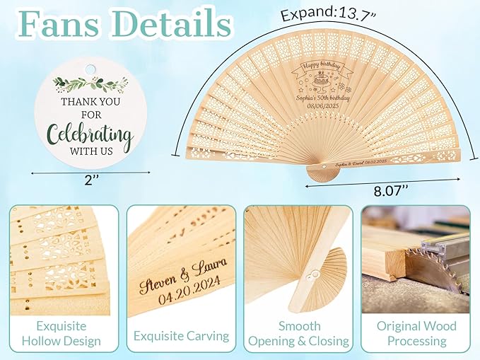 100Pcs Personalized Folding Hand Fans Custom Engraved Summer Wedding Fan,Personalized Wooden Fans Party Favor Bridal Shower Gifts for Guests