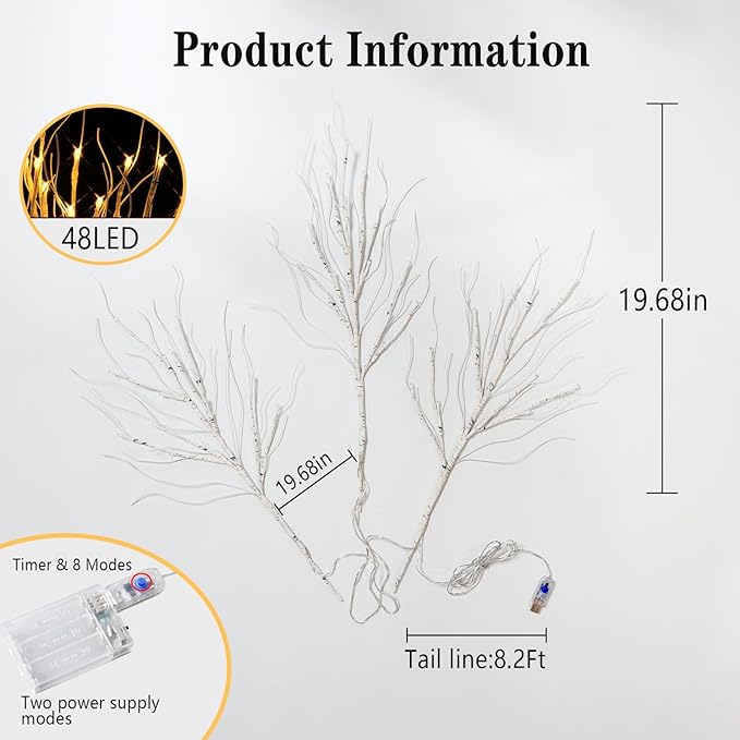 Lighted Artificial Birch Branch Tree Fairy Lights Holiday Decor,3PK 19.7in 48 LED;USB Powered,Warm White Branch with Lights for Christmas Holiday Wedding Party Decoration,Timer