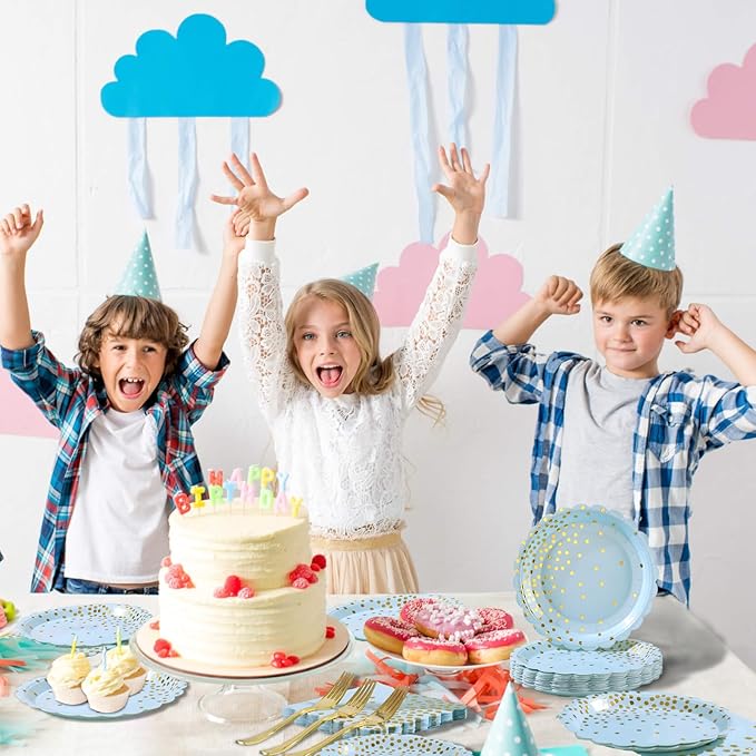Light Blue Paper Plates and Napkins Party Supplies, Disposable Gold Dot Dessert Plates and Scalloped Napkins for Blue Party Decorations, Serves 35 Guests