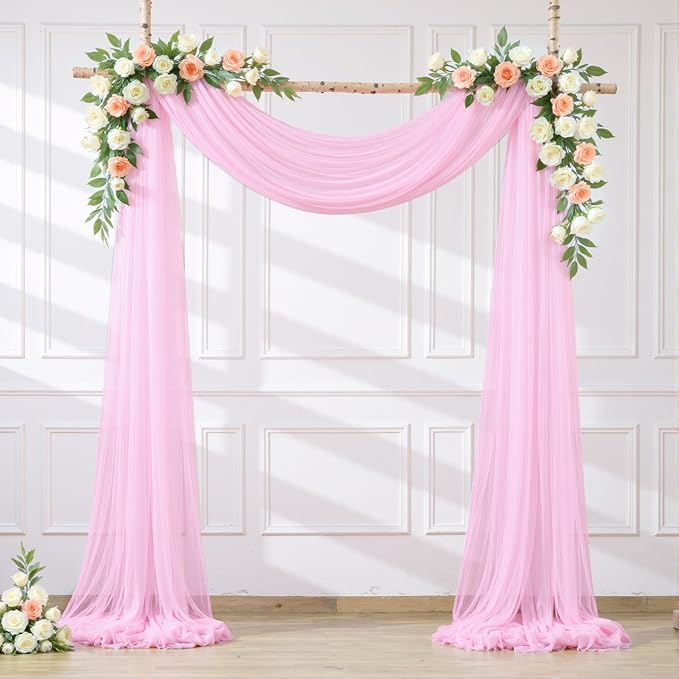 Wedding Arch Draping Fabric Backdrop 2 Panel 60" x 26Ft Pink Drapes Curtains for Wedding Reception Sheer Tulle Backdrop Curtain for Ceremony Birthday Party Baby Shower Arbor Ceiling Decorations