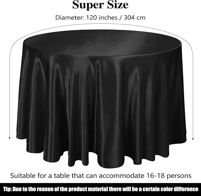 Ruisita 120 Inches Round Satin Tablecloths Black Overlay Round Satin Table Cover Bright Silk Tablecloth Smooth Fabric Tablecloth for Wedding Banquet Table Decoration