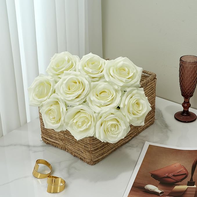 Artificial Rose 10pcs Open Flower Bouquet Faux Rose Stems for Wedding Arrangement, Bridal Bouquet, Centerpiece, Fake Faux Silk Flowers (Pale Yellow)