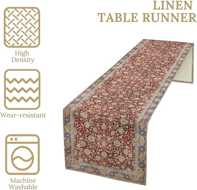 Boho Bohemia Style Table Runner, Vintage Red Blue Retro Flower Rustic Country Style Floral Print Pattern for Home Kitchen Table Decor Dining Coffee Room Garden Party Decor 13x90in