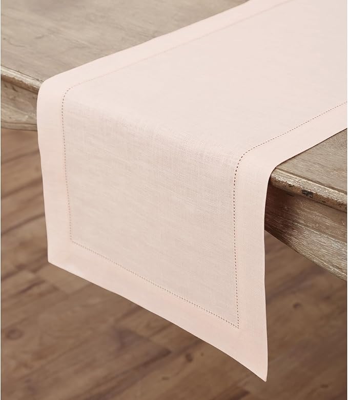 Solino Home Linen Pink Table Runner 120 Inches Long - 100% Pure Linen Hemstitch 14 x 120 Inch Table Runner for Dining and Halloween - Classic Hemstitch