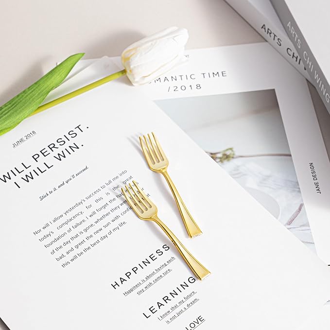 N9R 200PCS Gold Plastic Mini Forks, 4 Inches – Heavy Duty Disposable Cocktail, Dessert & Appetizer Forks, Elegant Party Serving Utensils for Tastings, Finger Foods, Weddings, Events