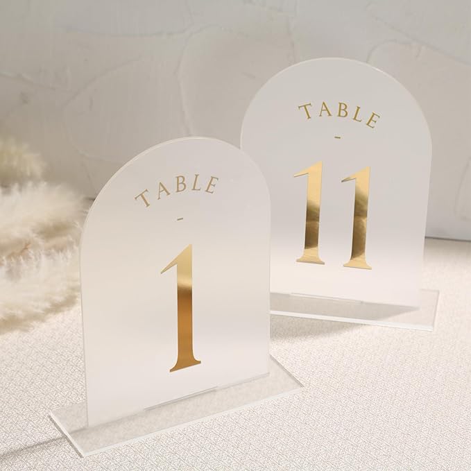 UNIQOOO Frosted Arch Wedding Table Numbers 1-15 w/Stands, Gold Foil Printed 5x7 Acrylic Display Signs &Holders, Pack of 15, Perfect for Centerpiece, Reception, Decoration, Party, Anniversary, Event