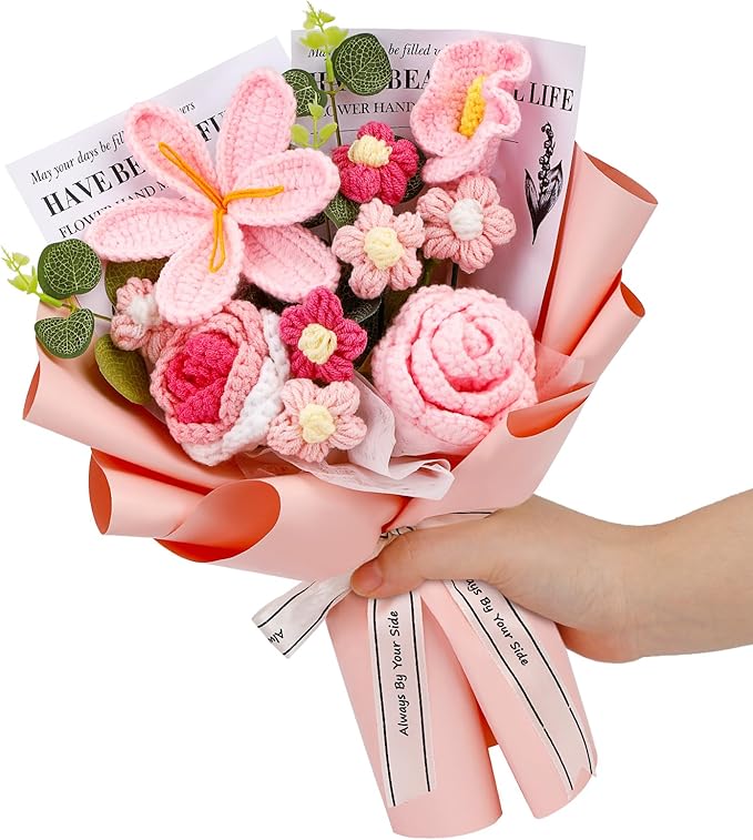 Crochet Flowers Bouquet, Handmade Knitting Crochet Flowers, Tulips Flower and Calla Lily Bouquet for Birthday, Teacher’s Day, Graduation, Valentines (Pink)