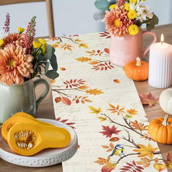 Thanksgiving Fall Cotton Linen Table Runner for Dining Kitchen, Blue Pumpkins Rustic Wedding Outdoor Party Autumn Tablerunners Decoration, Leaves Dresser Scarf Coffee Tablecloth Runners 13x48 Inches
