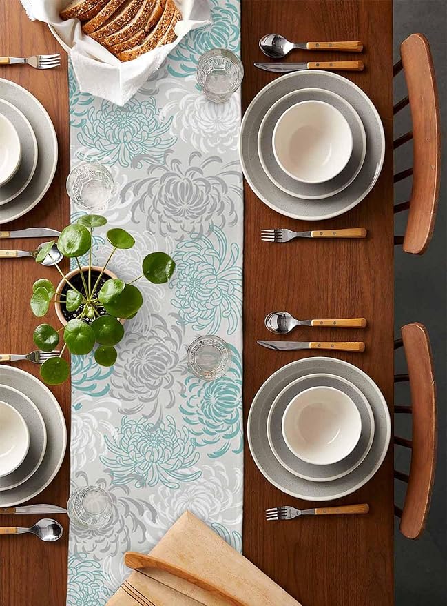 Auqa Chrysanthemum Cotton Linen Table Runner for Dining Kitchen, Wedding Outdoor Party Tablerunners Decoration, Farmhouse Floral Botanical Leaves Dresser Scarf Coffee Tablecloth Runners 13x120 Inches