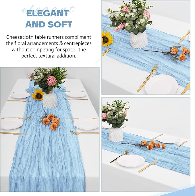 Aktor 4 Pack Light Blue Table Runner Boho Cheesecloth Table Runner Semi Sheer Gauze Fabric Runners for Wedding Birthday Baby Shower Party Boho Table Decoration（Light Blue）