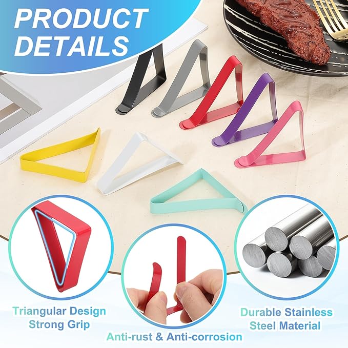 uxcell 4 Pack Tablecloth Clips, Stainless Steel Table Cloth Cover Clamps, 2.56" x 2.68" Windproof Holder Clips for Home Party Picnic Wedding Camping Dining Tables, Blue Green
