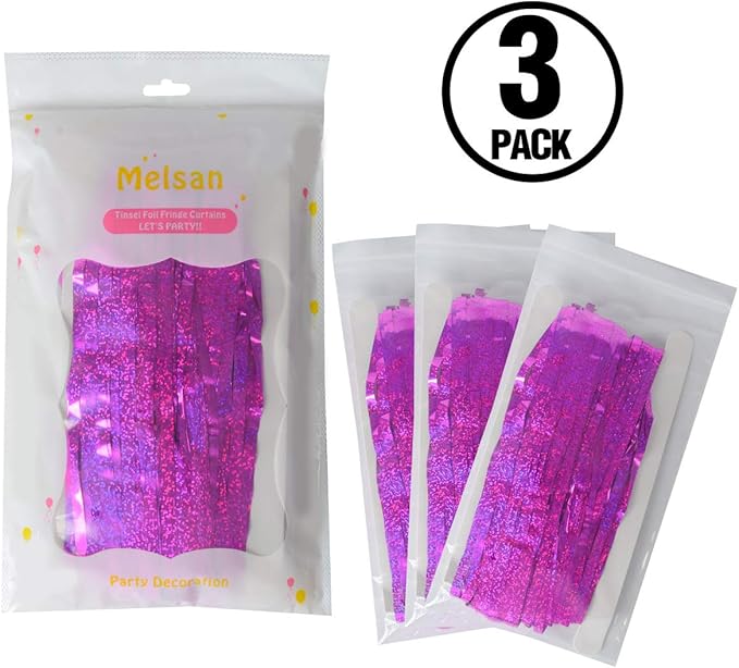 Valentine Backdrop Foil Fringe Curtains Party Decorations - Melsan 3 Pack 3.2 x 8.2 ft Tinsel Curtain Party Photo Backdrop for Birthday Party Baby Shower or Graduation Decorations Rose Red