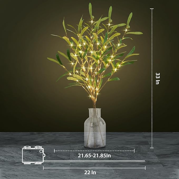 Olive Branches for Vases with Battery Operated Lights 33 Inches, 99LED Lighted Olive Tree Branches with Timer for Indoor Outdoor Spring Christmas Room Wedding Decoration