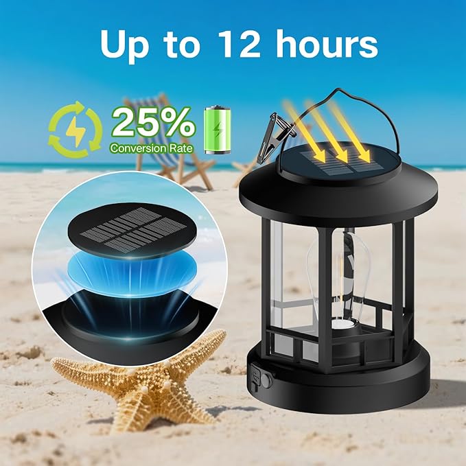 Solar Lights Outdoor Hanging Lantern, Solar Lanterns Waterproof for Patio Decor with Clip, Retro High Brightness Solar Powered Hanging Lamp for Garden, Path, Walkway, Porch, Pack 2