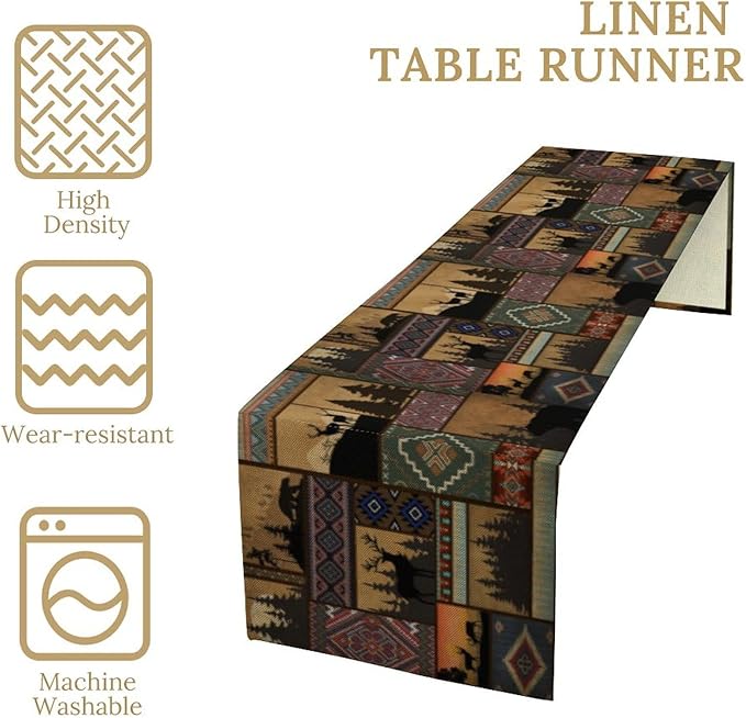 Rustic Cabin Bear Aztec Table Runner, Retro Brown Bear Rustic Theme Geometry Decoration for Home Dinner Party Living Room Bedroom Table Runner 13x108 Inch
