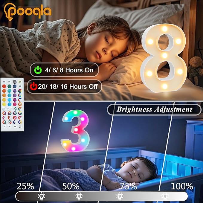 Pooqla Colorful Light Up Numbers, 35 Colors LED Marquee Number Lights for 4th Birthday Decorations with Remote, RGB Lighted Numbers for Party, Wedding, Bar, Night Light, Home Decor, Number 4
