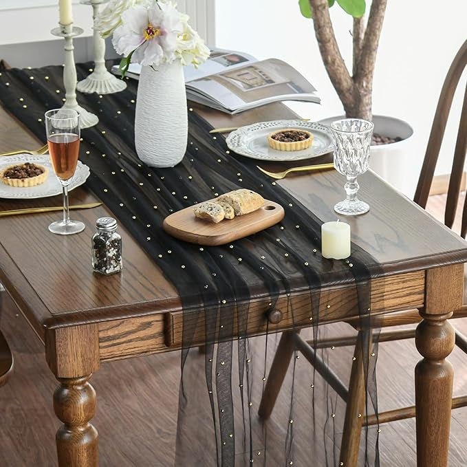 Artoid Mode 6PCS Pearl Black Gauze Table Runner 120 Inch 10FT, Seasonal Sheer Dining Holiday Wedding Birthday Baby Shower Table Decor for Home Party