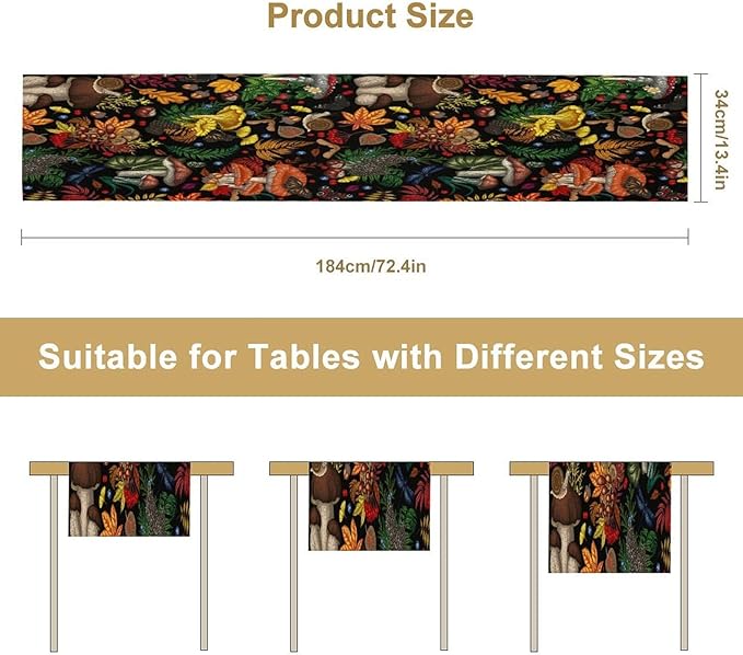Nature Mushroom Table Runner,Retro Boho Floral Botanical Plant Forest Pattern Print Tablecloth Burlap for Hotel Indoors Outdoor Dining Room Kitchen Holiday Party, 13x90in