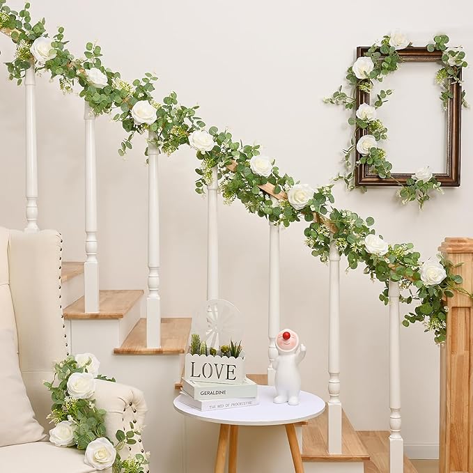 Dolicer 4Pcs 26Ft Artificial Eucalyptus Garlands with Flowers - 8 Roses, Faux Floral Greenery Garlands Fake Flowers Vines for Wedding Table Centerpieces Arch Party Ceremony Backdrop Decor (White)