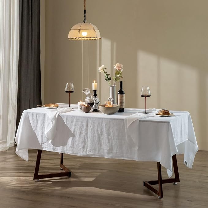 Talasily Linen Tablecloth 100% Pure Linen Table Cloth 60x132 Inches Rectangle Tablecloths Washable Cloths for Kitchen, Dining, Buffet Parties, Holidays, Picnic, Weddings and Restaurants-White