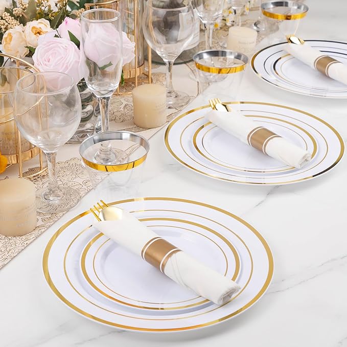 BESTVIP 100 Pack Pre Rolled Gold Plastic Silverware Set, Disposable Wrapped Cutlery Set with 100 Napkins, 100 Knives, 100 Forks and 100 Spoons for Party, Birthday
