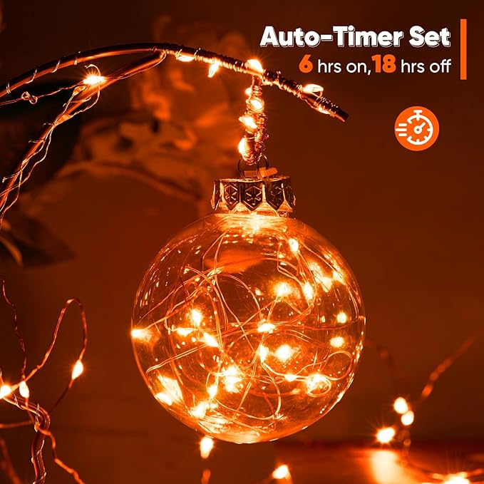 4 Pack 65.6 Ft. Battery Operated Outdoor String Lights with Remote & Timer, LED Orange Fairy Lights, Waterproof Twinkle Lights for Bedroom, Dorm, Mason Jar, Wedding, Party, Christmas