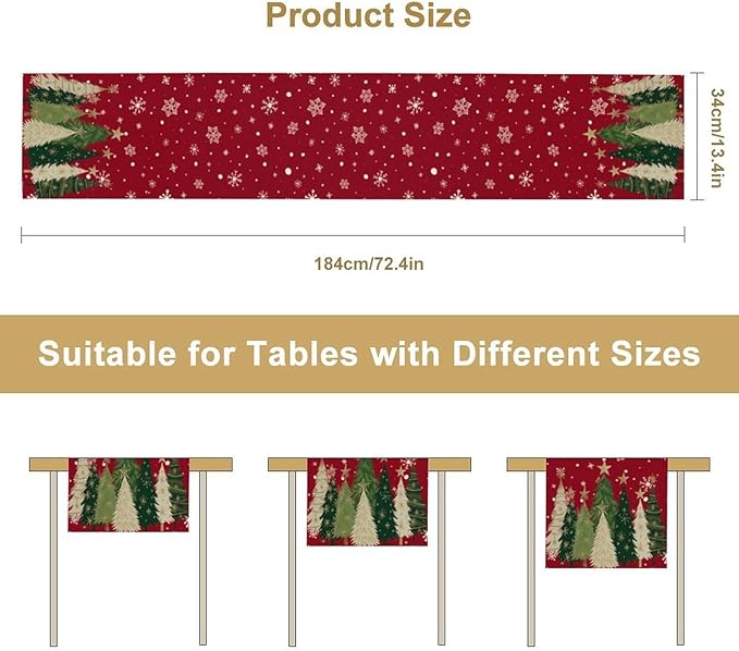 Merry Christmas Table Runner,Red Christmas Tree Snowflake Winter Seasonal Table Cloth Kitchen Dining Table Decoration for Home Party Decor 13x70 Inch