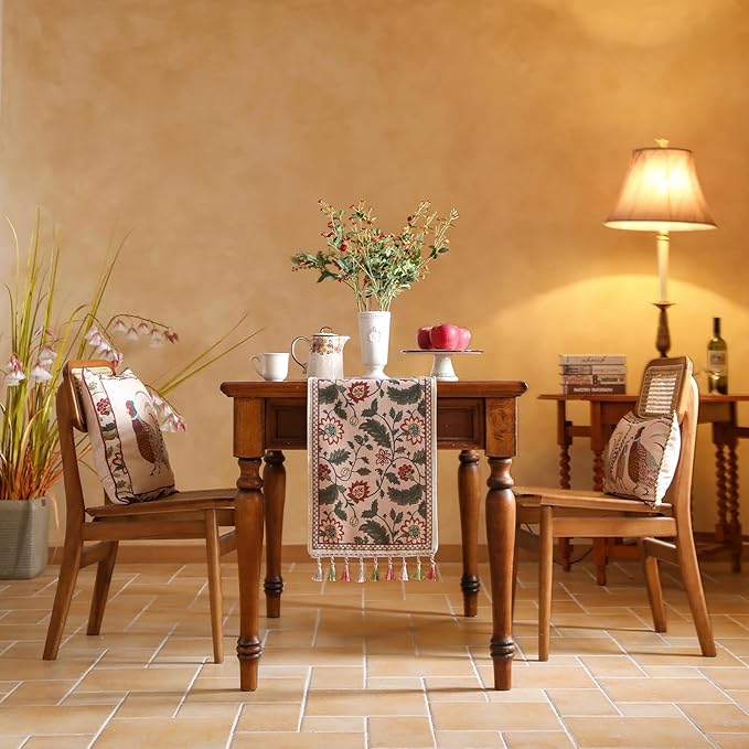 ISAENNE Designer Provence Elegant Linen Extra Long Table Runner 118 Inches,Flower and Leaves Pattern Durable Table Runners for Dining Tables,Thanksgiving,Kitchen Tables,Christmas,12"*118"-Ratina